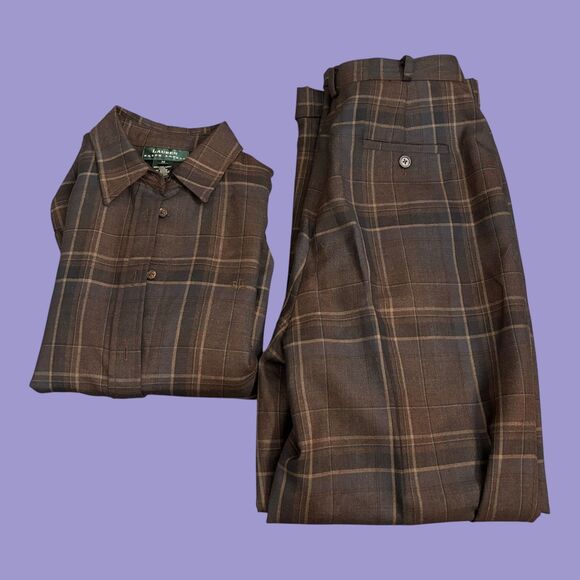 Lauren Ralph Lauren Pants - Lauren Ralph Lauren 2 Piece Shirt & Pants Womens M/8 Brown Plaid Wool Button Up